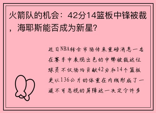 火箭队的机会：42分14篮板中锋被裁，海耶斯能否成为新星？